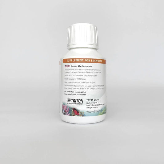 Bromine 10x Concentrate supplement bottle for seawater aquariums with clear label text