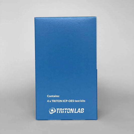 Blue Triton Lab box containing 4 ICP-OES aquarium water test kits on plain background