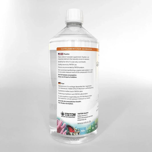 Seawater supplement bottle for aquariums, labeled for coral care and marine tank use.