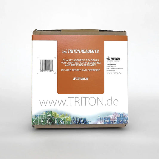 Triton Reagents box for seawater supplementation, featuring coral and periodic table elements.