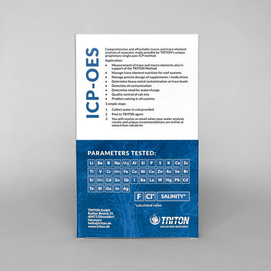 Triton ICP-OES aquarium water test kit box showing parameters tested for reef tank water analysis.