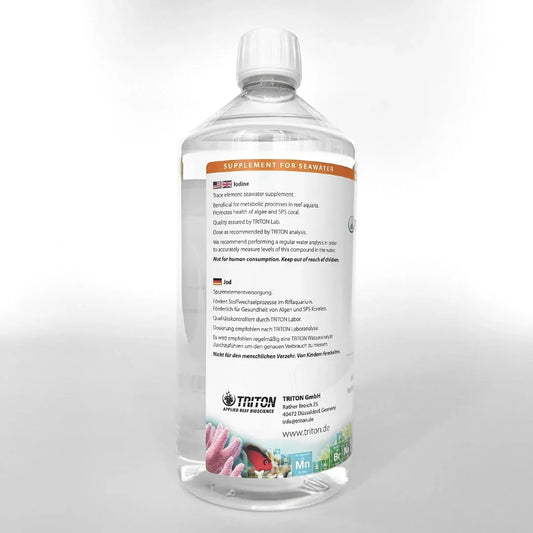 Iodine supplement bottle for reef aquariums, with dosage and safety instructions on label.
