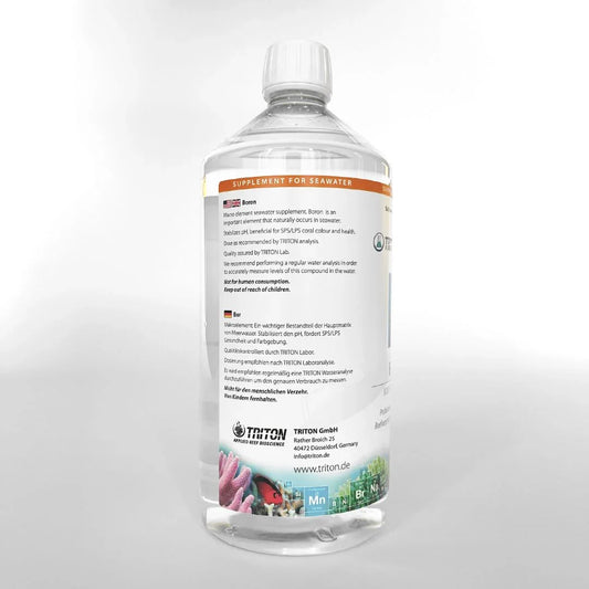 Boron supplement for seawater, clear bottle with dosing label for reef aquariums and coral health