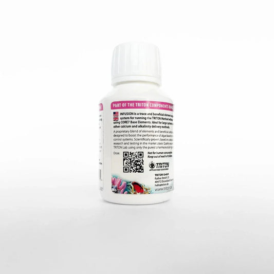 White bottle of aquarium coral supplement with label text and QR code on white background