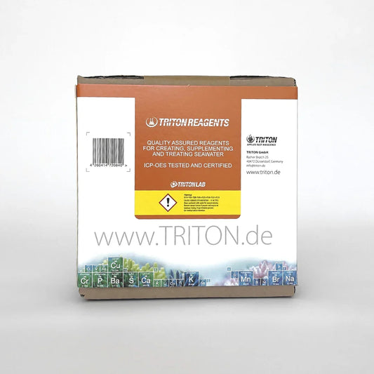 Triton Reagents box for seawater supplement, reef aquarium ICP-OES tested, on white background