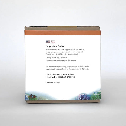 Box of sulphate sulfur macro element seawater supplement for coral health, 1000g package.