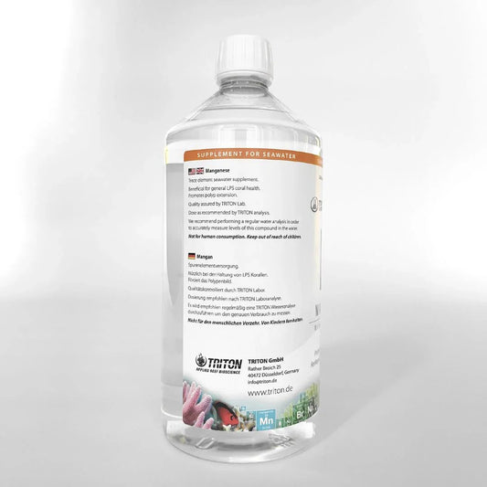 Seawater supplement bottle for coral aquariums, white background, label with dosing info