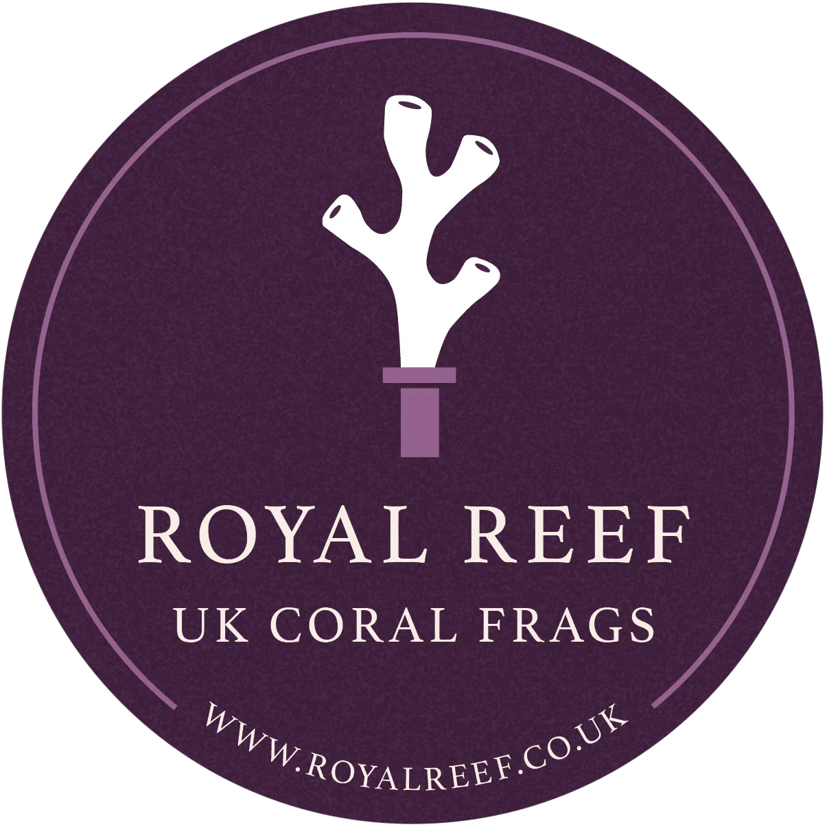 Circle logo featuring a white coral frag graphic and text UK coral frags on purple background.