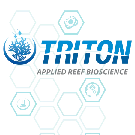 Triton Applied Reef Bioscience logo with coral illustration and hexagon science icons