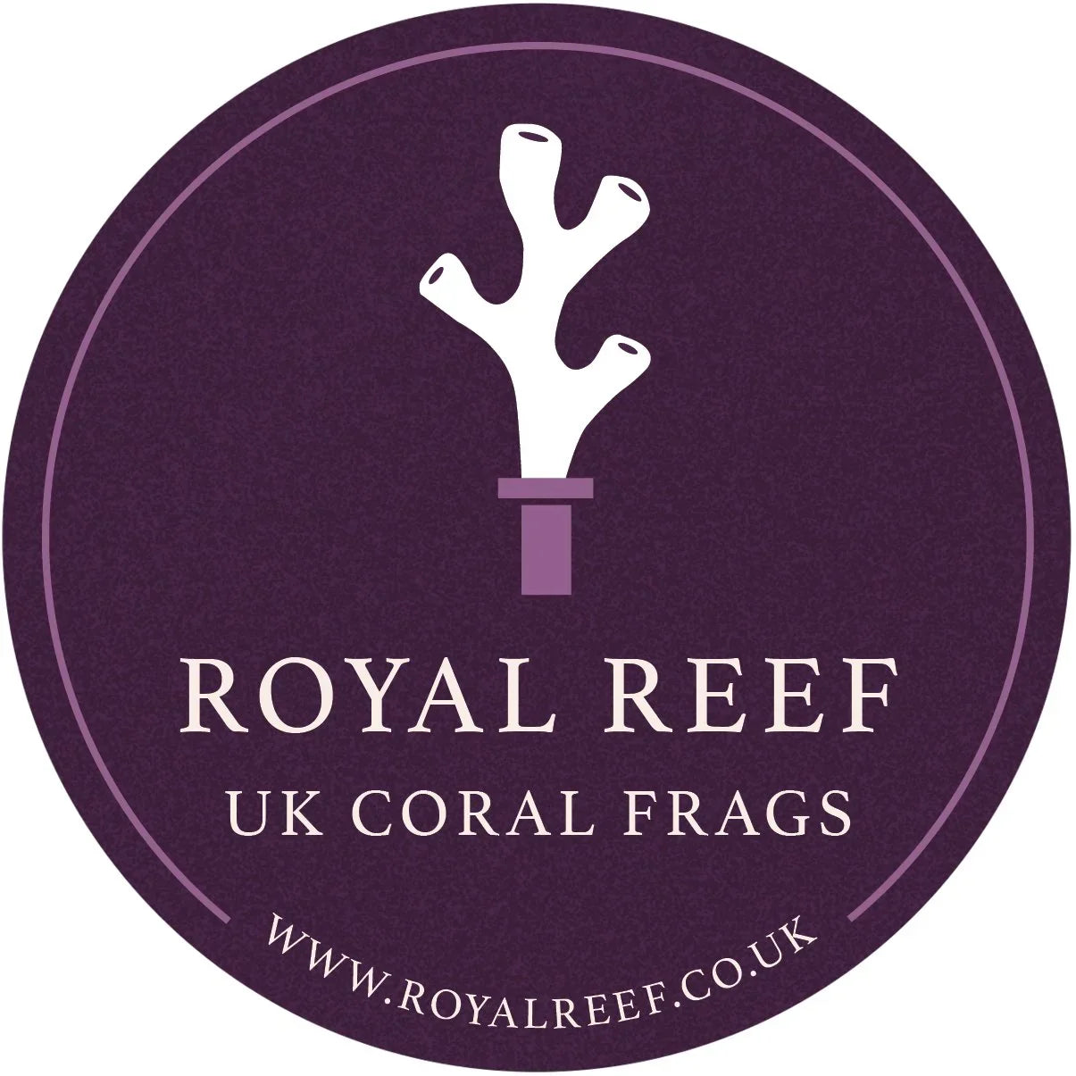 Purple circular logo with a white branching coral silhouette, text 'Royal Reef UK Coral Frags'.