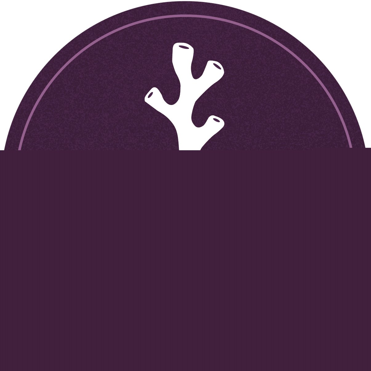 Simple purple circle graphic with a white coral silhouette in the center.