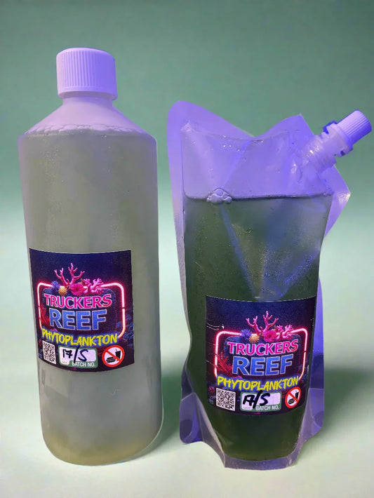 Two containers of Truckers Reef phytoplankton aquarium supplement with colorful labels