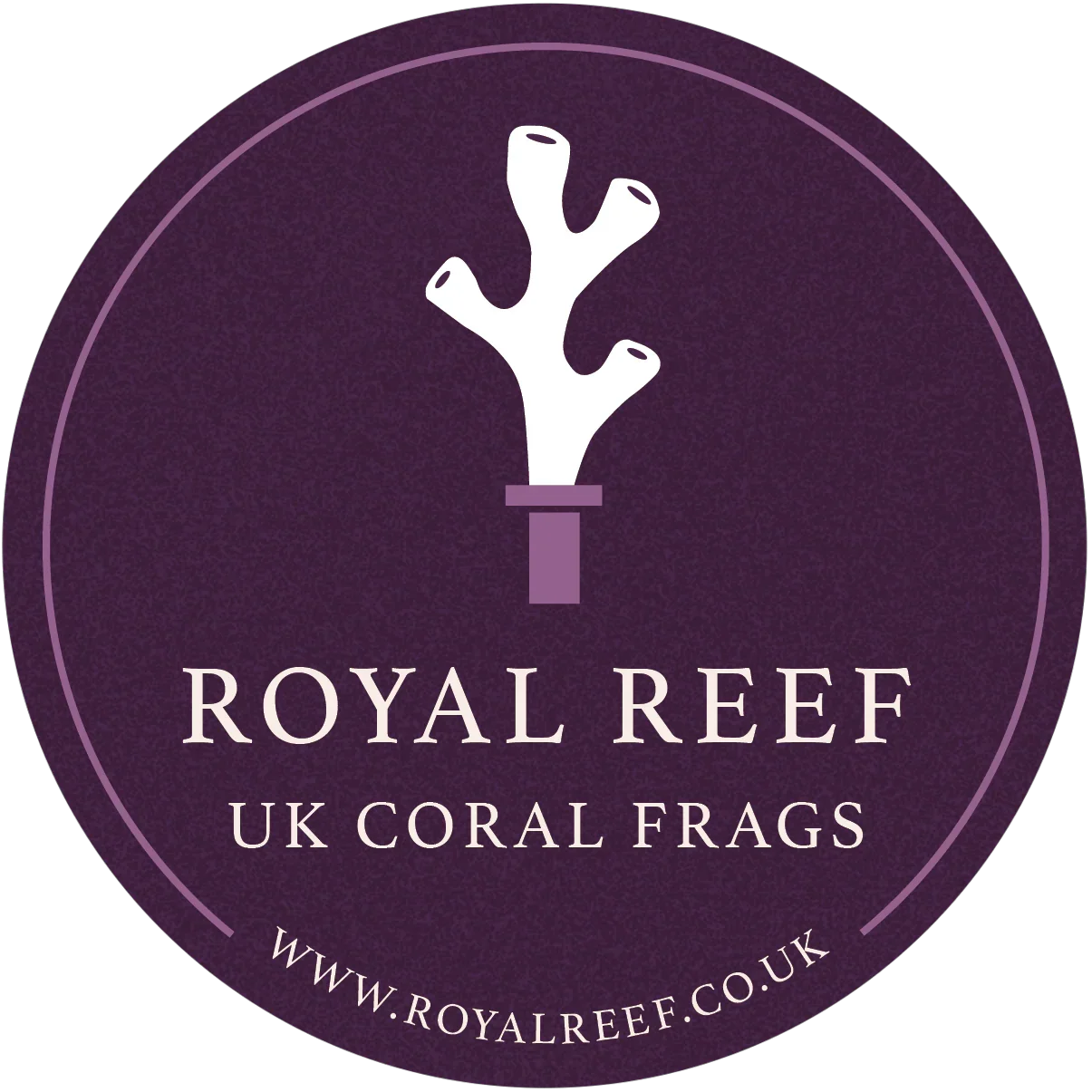 Purple circle logo with white coral illustration and text 'ROYAL REEF UK CORAL FRAGS'.