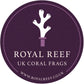 Royal Reef UK coral frags round logo with white coral graphic on purple background